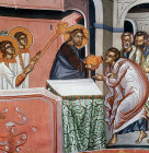 Communion of the Apostles, St John receiving the wine, fifteenth century wall painting, Church of the Saviour, Paleochorio, Cyprus