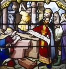 Solomon building the temple in Jerusalem, 19th century stained glass, Church of St Aignan, Chartres, France