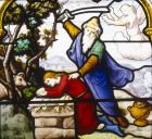 Abraham offering up Isaac for sacrifice, 19th century stained glass, Church of St Aignan, Chartres, France