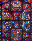 Details of the life of St Stephen, window number 41, thirteenth century, panels 8-13, stoning of Stephen and  opening of his tomb, Chartres Cathedral, Chartres, France