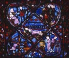 Joseph dreaming and donors: carpenters, coopers and wheelwrights, Joseph window, 13th century stained glass, Bourges Cathedral, France