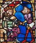 Ehud, Israelite, slaying Eglon, king of Moabites, German stained glass, panel 14, Church of St Etienne, Mulhouse, France
