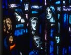 Prisoners of Conscience window, 1980 stained glass by Gabriel Loire, east window, Trinity Chapel, Salisbury Cathedral, Wiltshire, England, Great Britain