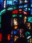Salisbury Cathedral, Trinity Chapel, Prisoners of Conscience window by Gabriel Loire, lancet E, detail of five heads, in Gabriel Loire