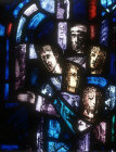 Salisbury Cathedral, Trinity Chapel, Prisoners of Conscience window by Gabriel Loire, lancet A detail of panel 4, five heads, in Gabriel Loire