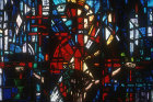 Salisbury Cathedral, Prisoners of Conscience window, lancet C, panels 4, 12 and 20, detail of head of crucified Christ, by Gabriel Loire in his studio, Chartres, France