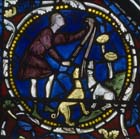 Hunting scene, detail from St Eustace window, 13th century stained glass, Chartres Cathedral, France
