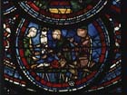 Butchers, donors, Miracles of Mary window, 13th century stained glass, south aisle, Chartres Cathedral, France