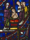 St Apollinaris, detail of saint baptising a man, 13th century stained glass, south transept, Chartres Cathedral, France
