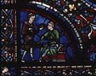 Shoemakers, donors of the Dormition window, 13th century stained glass, south aisle, Chartres Cathedral, France