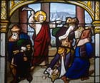 Jesus casting out the money lenders, 19th century stained glass, Church of St Aignan, Chartres, France