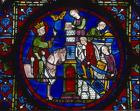 Charlemagne builds a church in Spain, 13th century stained glass, Chartres Cathedral, France