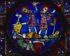 Roland trying to break his sword, Durendal, left and Roland blowing his horn, Oliphant, right, 13th century stained glass, Chartres Cathedral, France