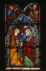 Annunciation, detail from Bible window, stained glass 1320-40, Frauenkirche, Esslingen, Germany