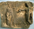 Artemis pouring a libation to Apollo, fifth century BC relief, Museum of Sparta, Greece