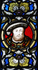 Henry VIII portrait, stained glass by Thaoms Willement, photo Historic Royal Palaces