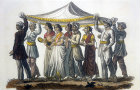 Father of the bride with nuptial procession, nineteenth century Hindustani engraving, Hindustan, India