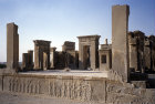 Iran, formerly Persia, Persepolis, capital of the Achmaenid Empire,  Apadana Palace with bas-relief panel below, 4th-6th century BC