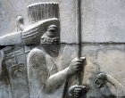 Iran, formerly Persia, Persepolis, detail of Persian guard, bas-relief on the audience hall (Apadana) of the palace of  Darius I