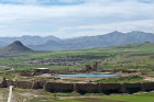 Takht-e Soleyman, view of site of Sassanian complex dating from third century, from hill to south east, showing crater lake, west Azerbaijan province, Iran