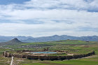 Takht-e Soleyman, view of site of Sassanian complex, dating from third century, from hill to south east, showing crater lake, west Azerbaijan province, Iran