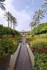 Narenjestan Garden (citrus), created in Zahn period by Mirza Ibrahim Khan, of the Qavam family, view of pavilion from water channel, Shiraz, Iran
