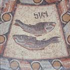Zodiac sign of Pisces, detail of 4th century synagogue floor mosaic, Hammath, south of Tiberias, Israel