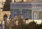 Israel, Jerusalem, Dome of the Rock, detail of Arabic writing and tiling on outer wall