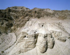 Caves where the Dead Sea Scrolls were found in 1947, aerial, Qumran, Israel