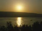 Sea of Galilee, just after sunrise, with  fishing boat, Israel