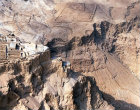 Aerial, Israel, view of Masada from the east, a close-up of Herods Summer Palace