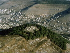 Israel, Samaria, aerial view of ruins of Mount Gerizim, Nablus, ancient Shechem, in the valley below