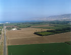 Israel, aerial view of southern end of Sea of Galilee and cultivated fields