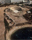 Theatre looking east, aerial photograph with sea in foreground, Caesarea, Israel