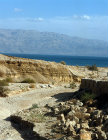 Israel, looking east over dried up river bed in the Judean foothills across the Dead Sea