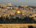 Israel, Jerusalem, the Dome of the Rock and the City Wall at dawn from the Mount of Olives