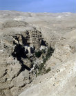 Israel, aerial view of St Georges Monastery in Wadi Qilt between Jerusalem and Jericho