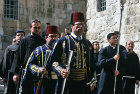 Israel, Jerusalem, Easter Sunday Procession to the Holy Sepulchre Church, two Turkish Guards and friars