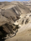 Water conduit over ancient aqueduct, aerial, Judean hills, Wadi Qilt, Israel