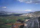 Cultivated fields in Jezreel Valley looking east, aerial, looking east, Israel