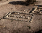 Israel, Hazor Tel, aerial close up of eighth century BC house and pillared building - public storehouse