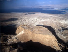 Israel, Masada, ancient fortification on the eastern edge of the Judean desert, aerial view of Roman ramp from west south west with the Dead Sea beyond
