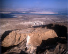 Israel, Masada, aerial view of the ancient fortification from the west showing the Roman ramp in the foreground and the Dead Sea beyond