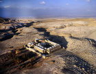 Nebi Musa, site venerated by Muslims as tomb of Moses, aerial view of Islamic mosque in Judean desert, surrounded by Bedouin burial ground, Israel