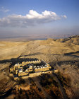 Nebi Musa, site venerated by Muslims as tomb of Moses, aerial view of Islamic Mosque in Judean desert, surrounded by Bedouin burial ground, Israel