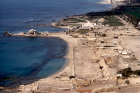 View north to harbour with aqueduct top right, aerial photograph, Caesarea, Israel