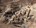 Israel, Mar Saba Monastery, Greek Orthodox monastery overlooking Kidron Valley, founded 483 by Saint Sabas of Mutalska, Cappadocia, aerial view from the east