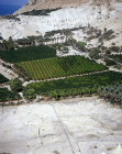 Israel, Ein Gedi, aerial view of excavations foreground, palmery and Citrus grove with Dead Sea