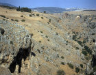 Cave with stalagmites on left, Nahal Amud, aerial view looking north, Galilee, Israel