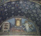 St Lawrence and symbols of his martyrdom, 6th century mosaic, Mausoleum of Galla Placidia, Ravenna, Italy